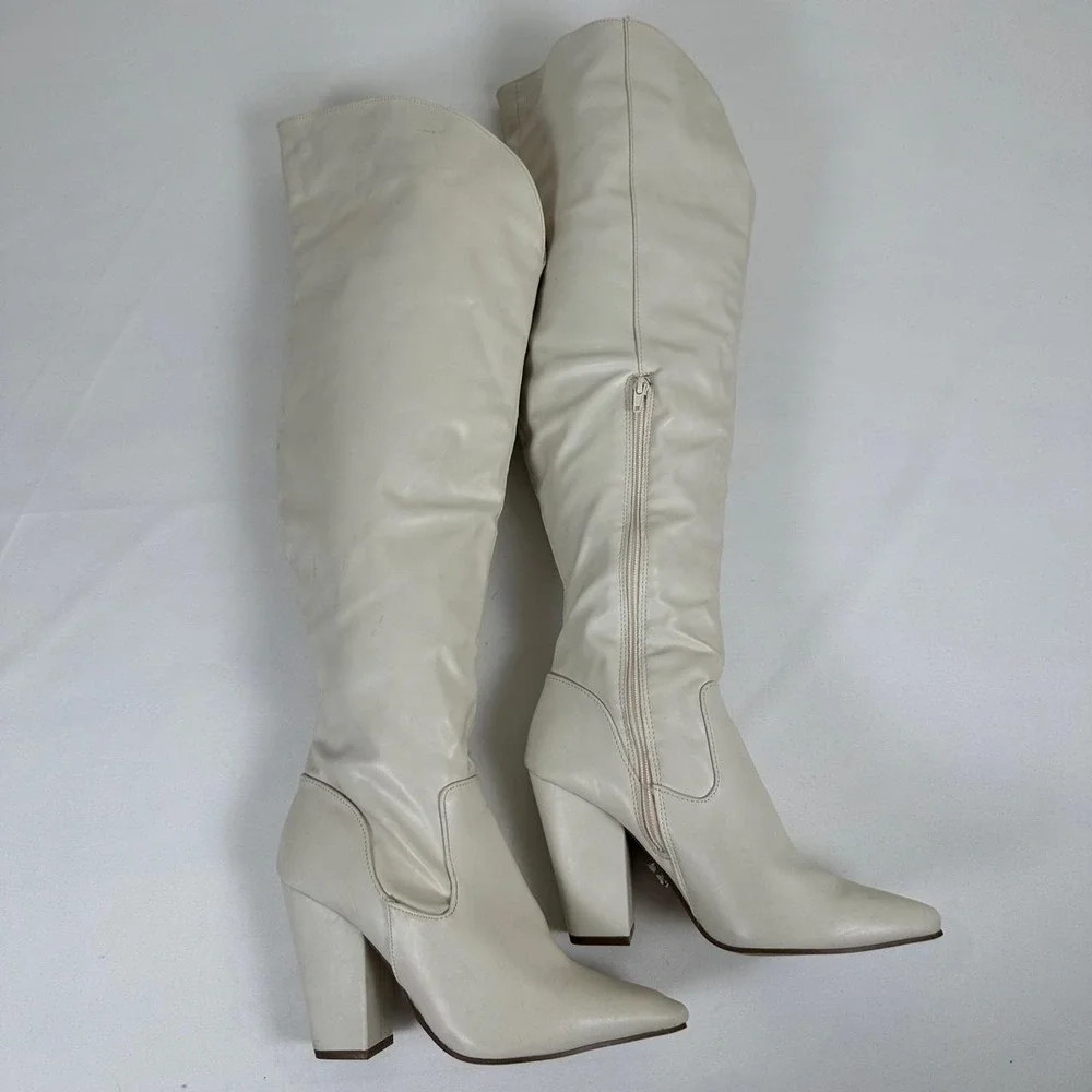 Cream leather knee high boots with block heel size 9